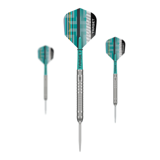 Hier ist das Set der Target Hydro 03 Swiss Point Steeldarts abgebildet. Es handelt sich um ein komplettes Dart-Set für professionelle Spiele.
