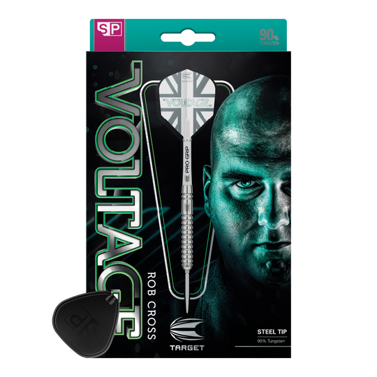 Das Bild zeigt die Verpackung der "Target Rob Cross Voltage Swiss Point Steeldarts". Auf der Verpackung sind ein Dartpfeil und das Gesicht eines Mannes prominent abgebildet.
