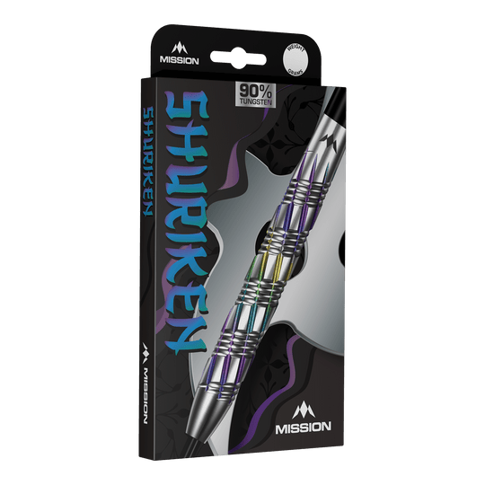 Mission Shuriken Steel Darts Auf dem Bild sind Mission Shuriken Steeldarts zu sehen. Das Foto zeigt die Steeldarts aus einer anderen Perspektive.