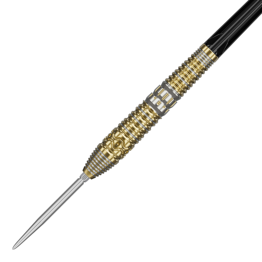 Target Japan Hot Shot GEN2 steel darts - 23g Das Bild zeigt einen Target Japan Hot Shot GEN2 Steeldart mit einem Gewicht von 23g. Der Steeldart hat ein auffälliges Design mit goldenen und silbernen Rillen und Mustern am Barrel.