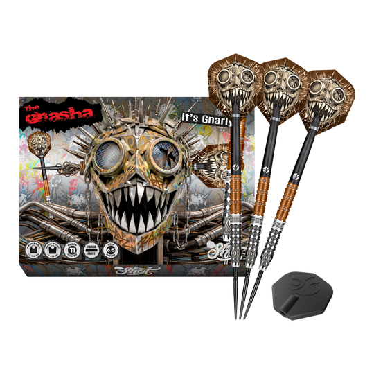 Shot Gnarly Gnasha Turbo Point Steeldarts - 23g Dieses Bild stellt die Shot Gnarly Gnasha Turbo Point Steeldarts mit 23g vollständig dar. Das Set ist ideal für Dart-Liebhaber.