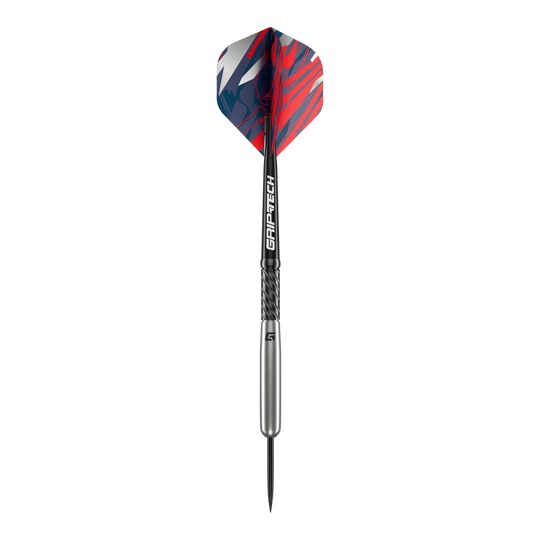 GOAT Homerun Baseball Tungsten Steel Darts Das Bild zeigt den GOAT Homerun Baseball Tungsten Steeldart. Der Dart hat auffällige Flights in Rot, Blau und Weiß sowie einen silbernen Schaft mit der Aufschrift "GRIP-TECH".