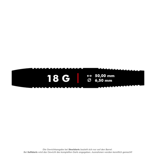 Das Bild zeigt die Maße eines Target Raymond Van Barneveld Brass Softdarts mit einem Gewicht von 18 Gramm. Der Dart ist 50,00 mm lang und hat einen Durchmesser von 6,50 mm.