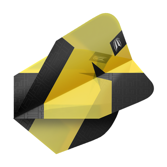 Target Pro Ultra TAG Yellow Ten-X Standard Flights - 3 Sets Das Bild zeigt ein Dart-Flight der Marke Target in Gelb und Schwarz. Es handelt sich um das Modell "Pro Ultra TAG Gelb Ten-X Standard Flights – 3 Sets".