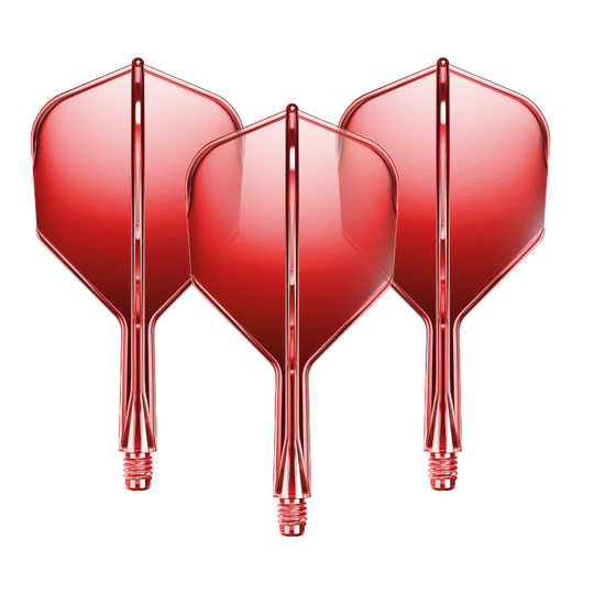 GOAT A1R No6 Flight Shaft System - Red Auf dem Bild sind drei rote Dart-Flights mit Shafts zu sehen. Sie sind gleichmäßig nebeneinander angeordnet und glänzen leicht.