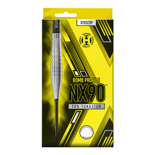 Das Bild zeigt die Harrows NX90 Bomb Quick Point Steeldarts. Es handelt sich um hochwertige Steeldarts für das Dartspiel.