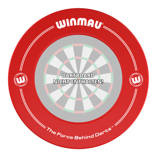 Auf dem Bild ist ein roter Dartboard-Surround der Marke Winmau zu sehen. In der Mitte steht der Hinweis: "Dartboard nicht enthalten!"