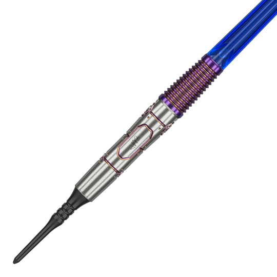 Target Japan Haruki Muramatsu Rising Sun GEN9 2BA Soft Darts - 21.5g Das Bild zeigt den Target Japan Haruki Muramatsu Rising Sun GEN9 2BA Softdart mit einem Gewicht von 21,5g. Der Dart hat ein silbernes Barrel mit lilafarbenen und blauen Akzenten.