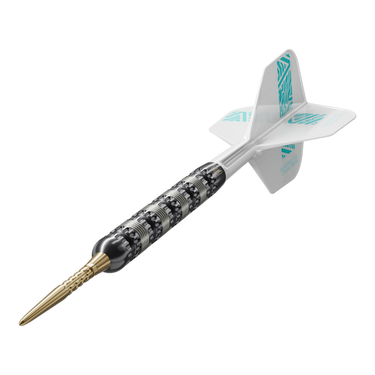 Das Bild zeigt einen Target Rob Cross 95K Swiss Point Steeldart. Der Dart hat eine schwarze Griffzone, eine goldene Spitze und weiße Flights mit türkisfarbenem Muster.