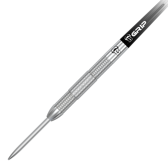 Das Bild zeigt einen Bulls Challenger Sascha Stuhlemmer Steeldart mit einem Gewicht von 23g. Der Dartpfeil hat eine silberne Spitze und einen geriffelten Griffbereich für besseren Halt.