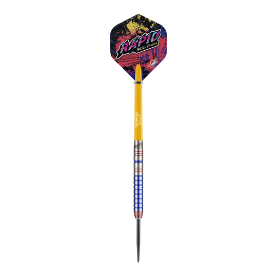 Bulls NL Ricky Evans Rapid Edition One Steel Darts Auf dem Bild ist ein Steeldart der Marke Bulls NL, Modell "Ricky Evans Rapid Edition One", zu sehen. Der Dart hat bunte Flights mit dem Schriftzug "RAPID Ricky Evans" und ein auffälliges Griffdesign in Silber, Blau und Rot.