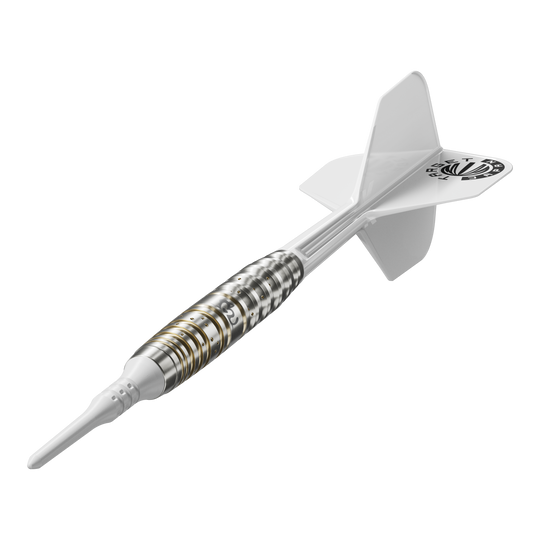 Das Bild zeigt einen Softdartpfeil aus der Target Japan Prime Series Mayujo Morita GEN6 mit einem Gewicht von 18g. Der Pfeil hat ein weißes Flight und ein silberfarbenes Barrel mit goldenen Akzenten.