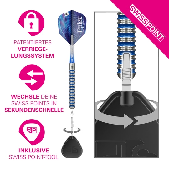Target Paige Pauling GEN1 Swiss Points Steeldarts - 22g Abgebildet sind die Target Paige Pauling GEN1 Swiss Points Steeldarts - 22g. Die Steeldarts sind in voller Länge zu sehen.