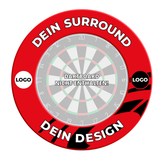 Dartboard surround with your design Hier ist ein weiteres rotes Dartboard-Surround abgebildet. Es schützt die Wand und verschönert das Dart-Setup.