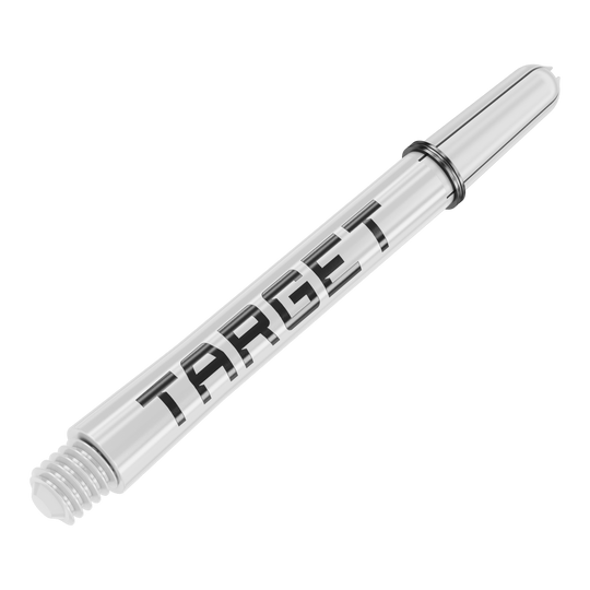 Das Bild zeigt einen weißen Dart-Schaft mit der Aufschrift "TARGET". Der Schaft ist aus Kunststoff und hat ein Schraubgewinde am Ende.
