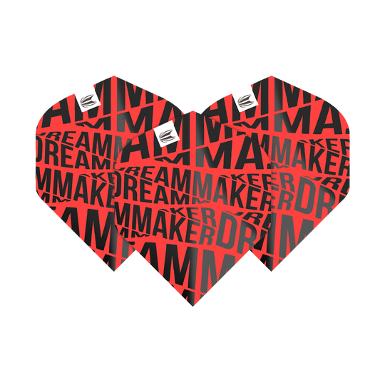 TG82_336580_Target_Pro_Ultra_Dimitri_Van_Den_Bergh_Red_No2_Standard_Flights_1QDLvxvr0Ulrxq Das Bild zeigt die Target Pro Ultra Dimitri Van Den Bergh Red No2 Standard Flights. Die Flights sind rot-schwarz und mit dem Schriftzug „DREAM MAKER“ bedruckt.