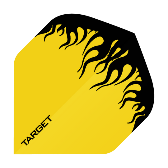 Das Bild zeigt ein gelbes Dart-Flight mit schwarzem Flammenmuster. In der Ecke steht das Wort "TARGET".