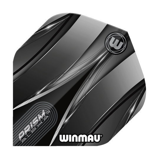 Winmau Alpha Sniper Black Standard Flights Das Bild zeigt einen Winmau Alpha Sniper Black Standard Flight für Darts. Das Design ist überwiegend schwarz und silber mit stilisierten Linien und dem Winmau-Logo.