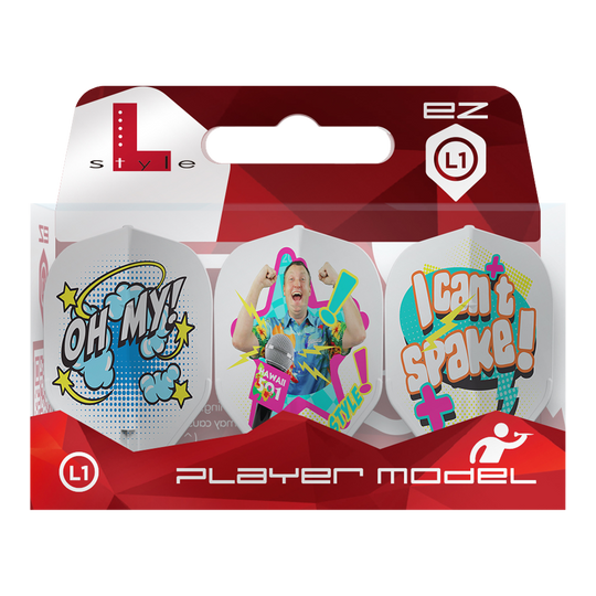 L-Style Wayne Mardle Type B L1EZ White Flights Die Verpackung zeigt die L-Style Wayne Mardle Type B L1EZ White Flights. Die Flights sind farbenfroh gestaltet und tragen Comic-Sprüche wie „OH MY!“ und „I can’t spake!“.