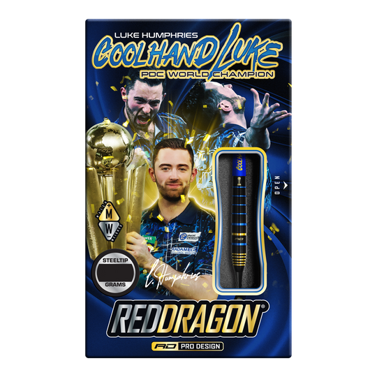 Red Dragon Luke Humphries TX4 Avenger steel darts Die Verpackung zeigt die "Red Dragon Luke Humphries TX4 Avenger Steeldarts" mit einem Bild von Luke Humphries als PDC Weltmeister. Die Darts sind im Design sichtbar und die Packung ist in Blau und Gold gestaltet.