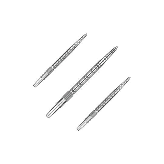 Auf dem Bild sind drei silberne Dartspitzen abgebildet. Sie haben ein dekoratives Muster und sind in einer diagonalen Linie angeordnet.