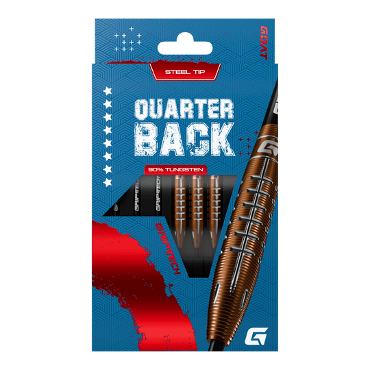 GOAT Quarterback V2 Tungsten Steel Darts - 24g Die Verpackung zeigt die "GOAT Quarterback V2 Tungsten Steeldarts - 24g" mit Stahlspitze. Die Darts bestehen zu 90% aus Tungsten und haben ein modernes Design.