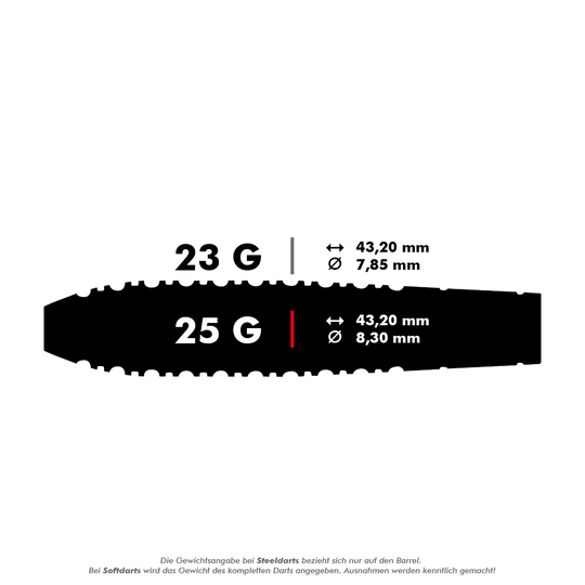 Das Bild zeigt zwei verschiedene Gewichte für Steeldarts: 23 Gramm und 25 Gramm. Die Länge beträgt jeweils 43,20 mm, der Durchmesser ist 7,85 mm bzw. 8,30 mm.