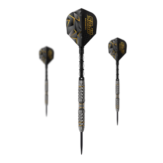 Harrows Opus Steeldarts Das Bild zeigt drei Steeldarts der Marke Harrows Opus. Die Darts haben ein schwarz-gelbes Design mit auffälligen Griffringen am Barrel.