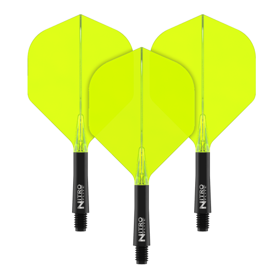 Auf dem Bild sind drei gelbe Dart-Flights mit schwarzen Schäften zu sehen. Auf den Schäften steht der Text "NITRO FLITE".