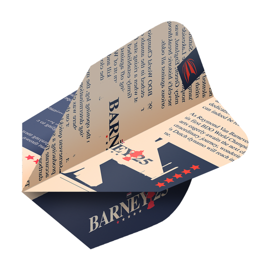 Das Bild zeigt ein Target ProUltra Raymond Van Barneveld Barney25 Ten-X Flight für Darts. Das Flight ist in Beige und Dunkelblau gehalten und mit Text sowie Sternen dekoriert.