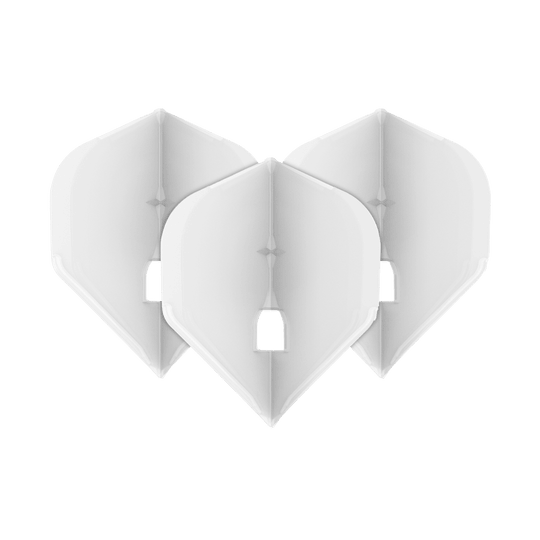 L-Style Champagne L1PRO Flights Auf dem Bild sind drei transparente Dartflights in weißer Farbe zu sehen, die nebeneinander angeordnet sind. Die Flights haben eine klassische Form und besitzen in der Mitte eine kleine rechteckige Öffnung.