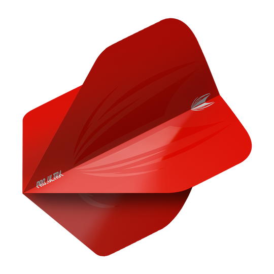 Das Bild zeigt ein rotes Dartflight mit der Aufschrift "Pro Ultra" und einem stilisierten Flügeldesign. Es handelt sich um das Produkt "Target ProUltra ID Red No2 Standard Flights".
