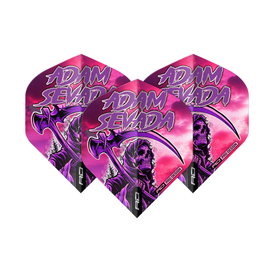 Das Bild zeigt drei Dartflights mit dem Namen "Red Dragon Hardcore Adam Sevada Premium No2 Standard Flights". Die Flights sind in lila und rosa Tönen gestaltet und zeigen ein Sensenmann-Design mit dem Schriftzug "Adam Sevada".