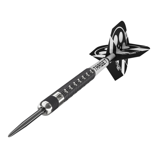 Target Chris Dobey Hollywood Action Swiss Point Steeldarts Auf dem Bild ist der Target Chris Dobey Hollywood Action Swiss Point Steeldart zu sehen. Der Dartpfeil hat ein modernes, schwarzes und silbernes Design mit auffälligen Flights.
