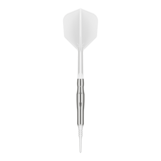 Target Japan Crux Brave Soft Darts - 18.5g Das Bild zeigt einen weißen Softdart mit silbernem Schaft. Es handelt sich um das Produkt "Target Japan Crux Brave Softdarts - 18,5g".