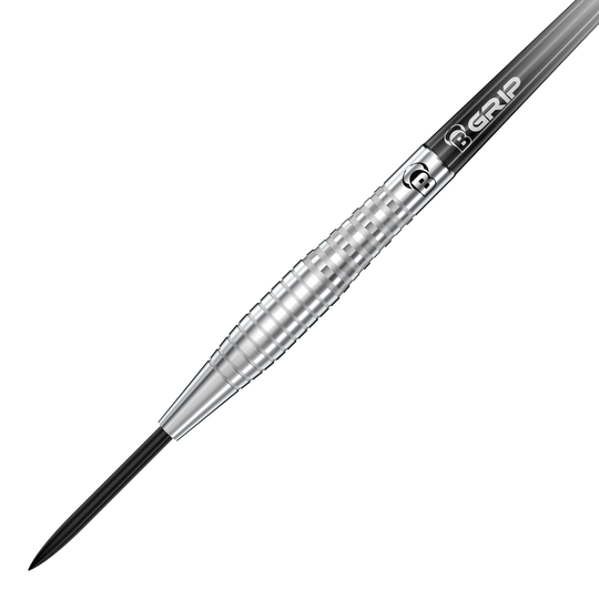 Bulls Martin Schindler Original Generation 2 steel darts Das Bild zeigt einen silbernen Steeldart der Marke Bulls, Modell Martin Schindler Original Generation 2. Der Dart hat eine gerillte Oberfläche für besseren Grip und eine schwarze Stahlspitze.