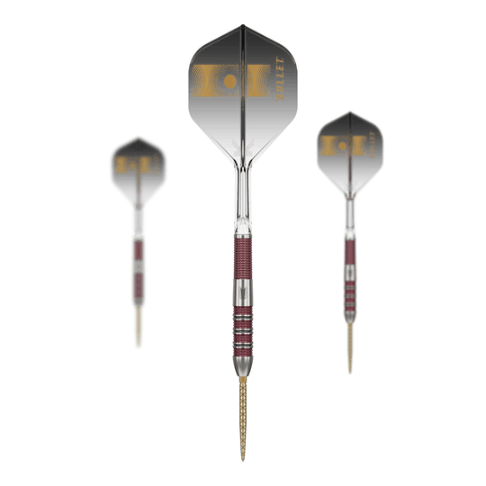 Target Stephen Bunting 95K Swiss Point Steel Darts Das Bild zeigt drei Target Stephen Bunting 95K Swiss Point Steeldarts. Die Darts haben schwarze Flights mit goldenen Akzenten und einen rot-silbernen Griffbereich.