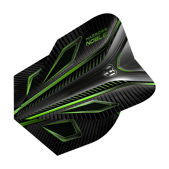 HR8_Harrows_Noble_Green_Standard_Flights_2 Das Bild zeigt ein Harrows Noble Green Standard Dart Flight. Das Flight ist überwiegend schwarz mit grünen und silbernen Akzenten und einem modernen, geometrischen Design.
