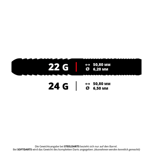 Red Dragon Seren 1 Pure Steeldarts Das Bild zeigt zwei verschiedene Gewichte für Darts: 22 g und 24 g. Beide haben eine Länge von 50,80 mm, aber unterschiedliche Durchmesser: 6,20 mm und 6,50 mm.
