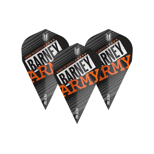 Das Bild zeigt drei schwarze Dart-Flights mit der Aufschrift "Barney Army" in weißer und orangefarbener Schrift. Auf den Flights steht außerdem "Pro Ultra" und sie haben ein Streifendesign.