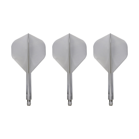 Condor_AXE_Metallic_Pearl_Silver_Standard_Flights_1 Das Bild zeigt drei silberne Dart-Flights des Produkts "Condor AXE Metallic Flight-System Pearl Silver - Standard". Die Flights sind in einer Reihe nebeneinander angeordnet.