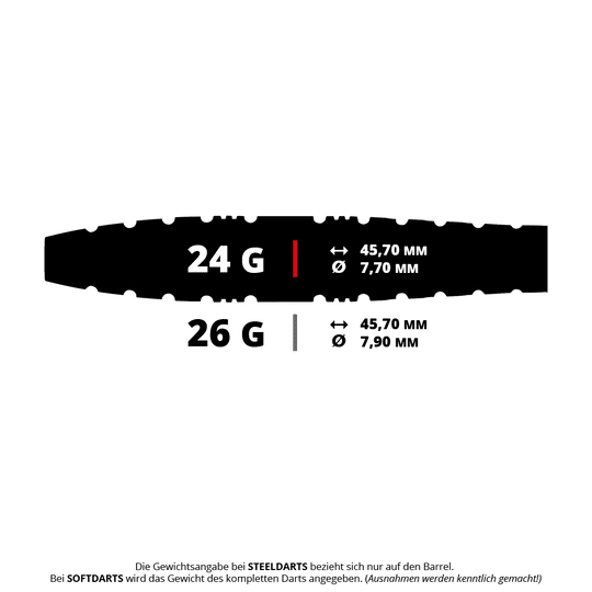 Red Dragon Paradym Torpedo Steel Darts Das Bild zeigt die Spezifikationen von Steeldarts mit den Gewichten 24 g und 26 g. Die Länge beträgt jeweils 45,70 mm, der Durchmesser beträgt 7,70 mm für 24 g und 7,90 mm für 26 g.