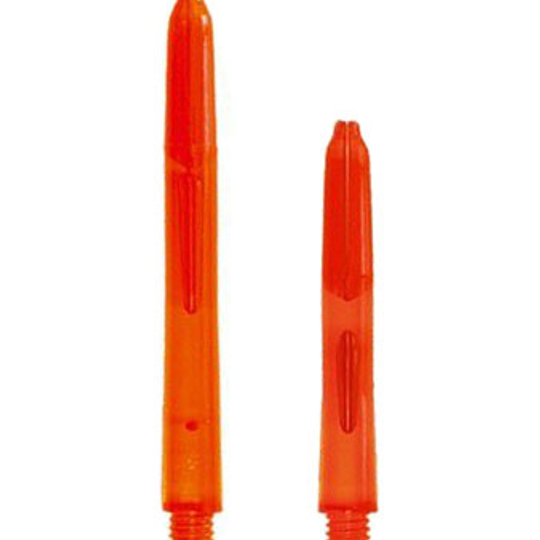 glow35203684e09a46 Das Bild zeigt zwei orangefarbene Glowlite Shafts in unterschiedlichen Längen. Sie sind aus durchsichtigem Kunststoff gefertigt und haben ein Gewinde am unteren Ende.