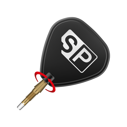 340086_Target_Swiss_Storm_Nano_Point_Dartspitzen_Gold_3_SP Das Bild zeigt eine goldene Dartspitze mit einem schwarzen Flight, auf dem die Buchstaben "SP" stehen. Ein roter Pfeil deutet auf eine Drehbewegung an der Verbindung zwischen Spitze und Flight hin.