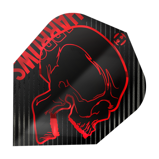 Harrows Rage Red No6 Flights Das Bild zeigt ein Dartflight mit dem Namen "Harrows Rage Red No6 Flights". Das Flight ist schwarz mit roten Streifen und einem roten Totenkopf-Design.