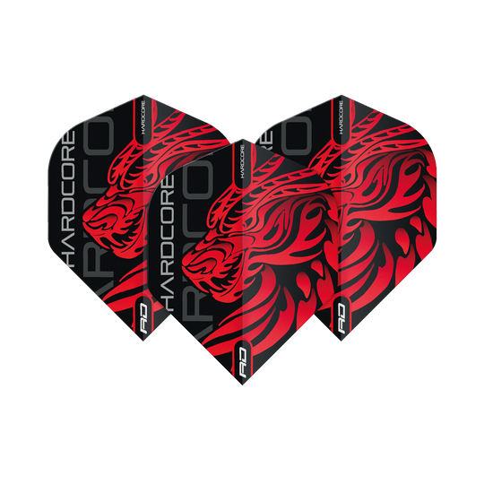 TF6537_Red_Dragon_Hardcore_Jonny_Clayton_Dragon_Standard_Flights_1TfMdEIaRsyDvh Das Bild zeigt die "Red Dragon Hardcore Jonny Clayton Dragon Standard Flights" für Darts. Die Flights sind schwarz mit einem auffälligen roten Drachenmotiv und der Aufschrift "HARDCORE".