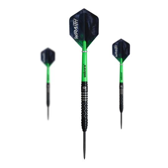 Unicorn Wraith Cameron Menzies Steel Darts - 23g Auf dem Bild sind die Unicorn Wraith Cameron Menzies Steeldarts - 23g zu erkennen. Es handelt sich um ein Set mit Steeldarts in silberner Farbe.