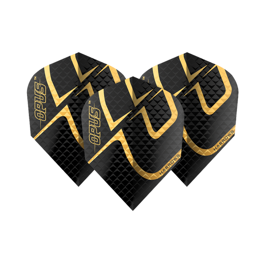 Das Bild zeigt die Harrows Opus Version 2 Flights, die für Dartpfeile verwendet werden. Sie sind schwarz mit einem goldenen Muster und dem Schriftzug "Opus" und "Harrows" darauf.