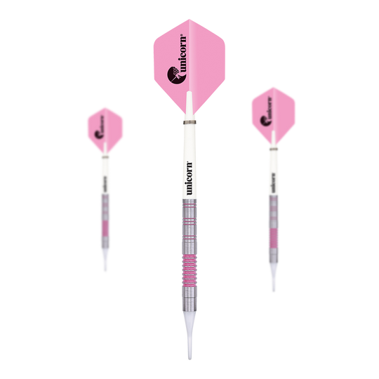 Unicorn Autograph Soft Darts - 19g Das Bild zeigt drei Softdarts des Produkts "Unicorn Autograph Softdarts - 19g". Die Darts haben pinke Flights und einen silber-weißen Schaft mit pinken Akzenten.