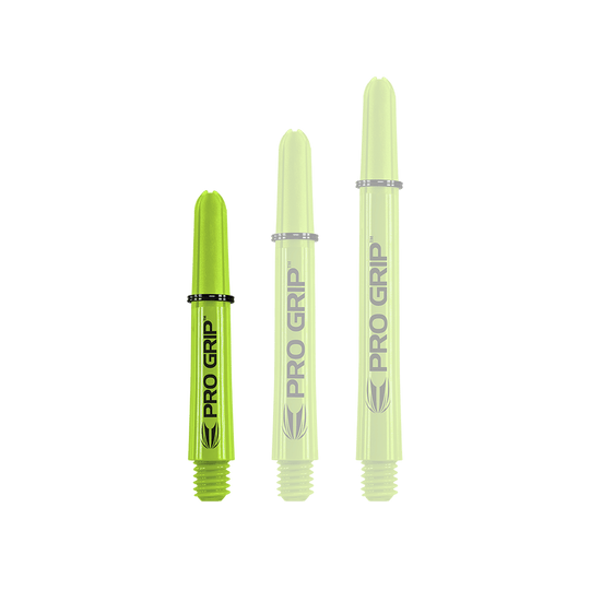 Target Pro Grip Shafts - 3 Sets - Lime Green Das Bild zeigt drei limegrüne Pro Grip Shafts in unterschiedlicher Länge. Auf jedem Schaft steht gut sichtbar der Schriftzug "PRO GRIP".